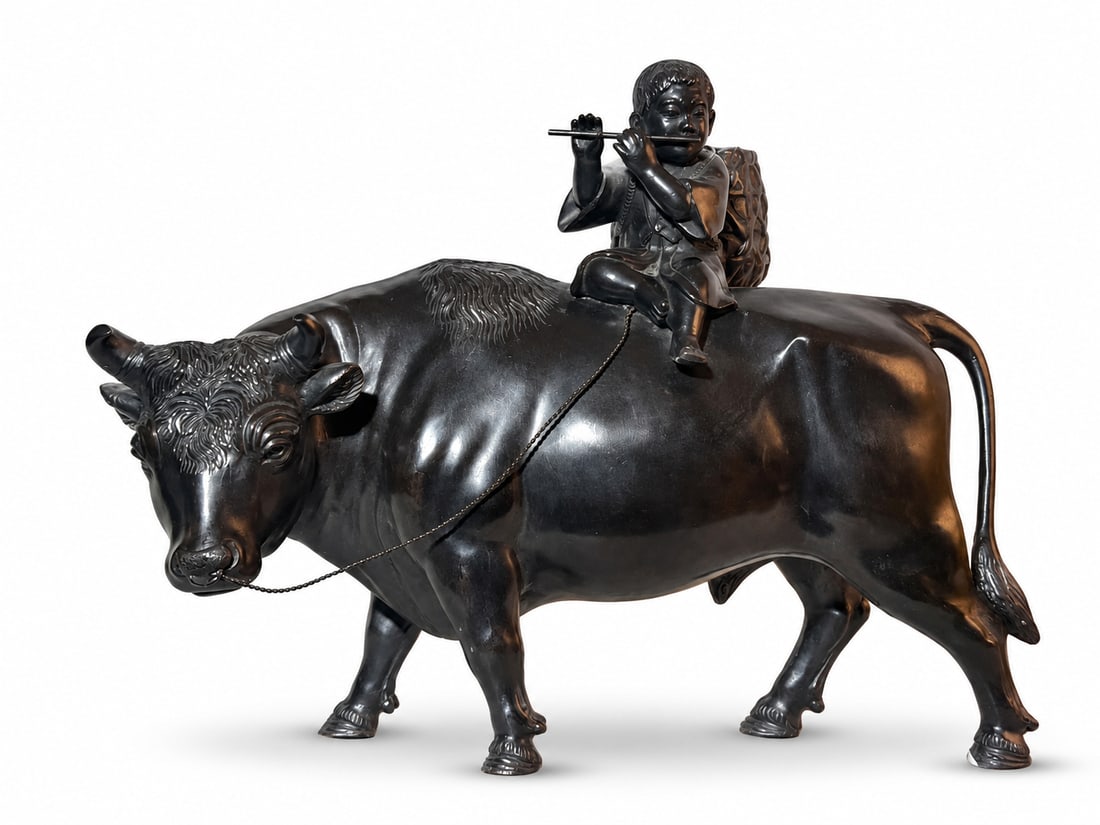 Japanese Bronze Okimono Boy on Ox,Meiji Period (1 of 6)