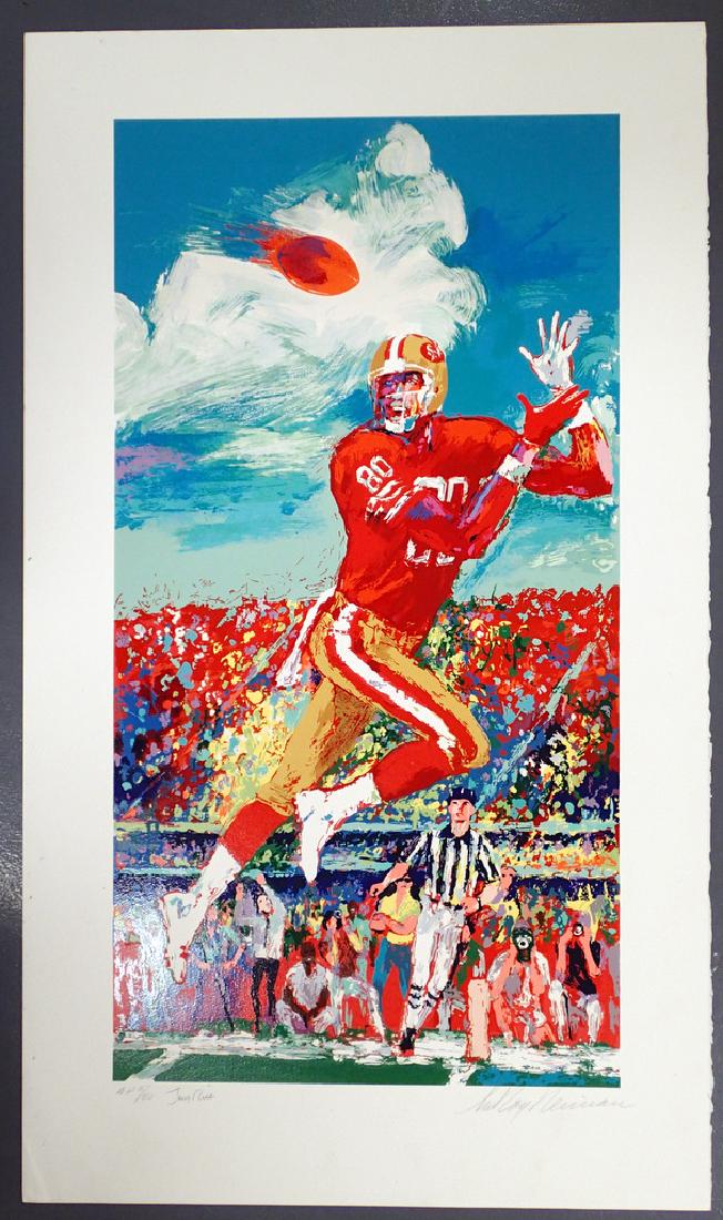 LeRoy NEIMAN Signed JERRY RICE Serigraph 5/50: LeRoy Neimanâ€™s vivid serigraph "Jerry Rice" captures the wide receiver catching a pass from teammate Joe Montana to help lead the 49ers to Super Bowl victory. 1995, Artistâ€™s Proof 5/50. 