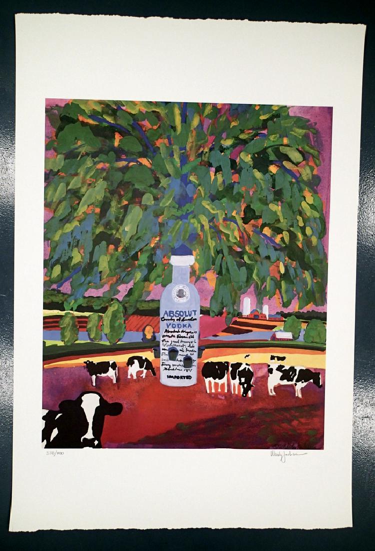 Woody JACKSON, Absolut Statehood, Vermont 358/400: Artist Woody Jackson was selected to represent Vermont in Absolut Vodkaâ€™s "Absolut Statehoodâ€ 1991-1993 campaign. This 39â€x26â€ lithograph is signed . Each lithograph in our auction 