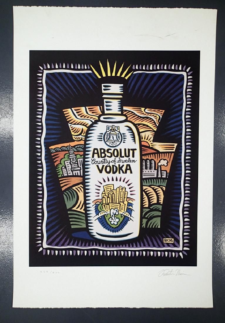 Burton MORRIS Absolut Statehood Pennsylvania 358/400: Artist Burton Morris was selected to represent Pennsylvania in Absolut Vodkaâ€™s "Absolut Statehoodâ€ 1991 campaign. This 39â€x26â€ lithograph is signed. Has scuffmarks on top right of w