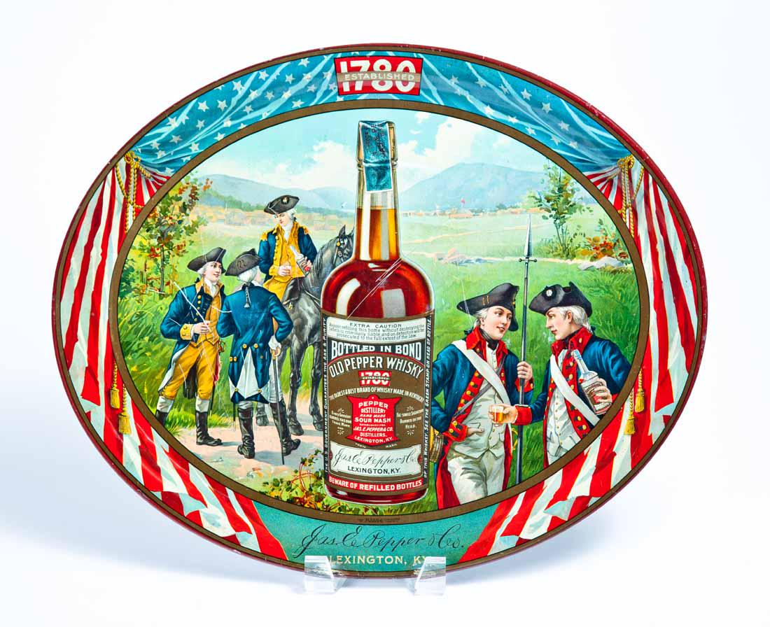 LEXINGTON, KENTUCKY WHISKEY TIP TRAY: Lithographed tin by the Meek and Beach Co., Coshocton, Ohio. Oval tray for "OLD PEPPER WHISKEY" by James E. Pepper & Co., Lexington, KY. 13.75" x 16.625".