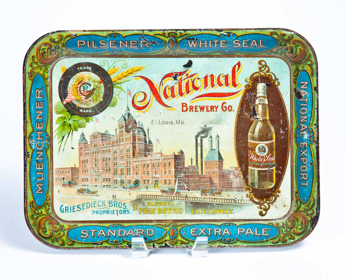 NATIONAL BREWERY ST. LOUIS TIP TRAY: Lithographed tin by Standard Advertising Co., Coshocton, Ohio. "National BREWERY CO. ST. LOUIS, MO.," "GRIESEDIECK BROS. PROPRIETORS OF BREWERS FINE BEERS EXCLUSIVELY," and "PILSENER WHITE SEAL NATION