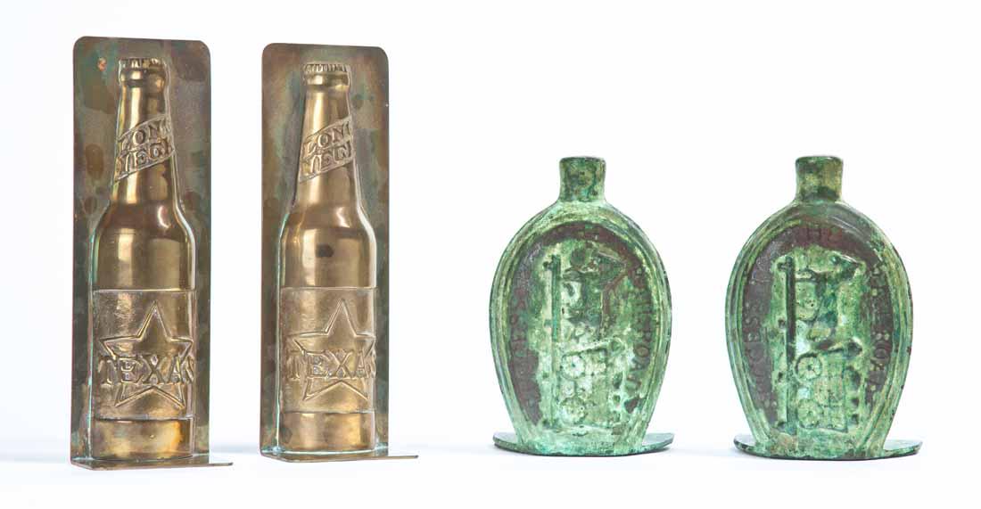 2 PAIRS OF FIGURAL BOOKENDS: Includes: Wellman Bronzes, in the form of "Success to the Railroad" glass flasks, 7" high; and brass, in the form of "TEXAS LONG NECK" beer bottles, 9.5" high.