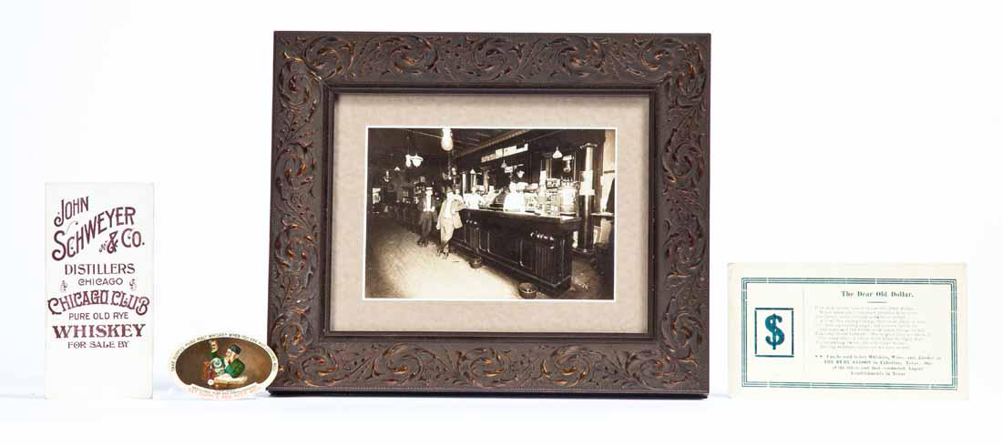 COLLECTION OF LIQUOR-RELATED EPHEMERA: Includes: an early 20th-century photograph of a saloon interior, framed, 9.5" x 11.5"; a Duffy's malt whiskey advertising mirror, 2.75" long; a John Schweyer & Co. (Chicago) folding naughty card, 5.5"