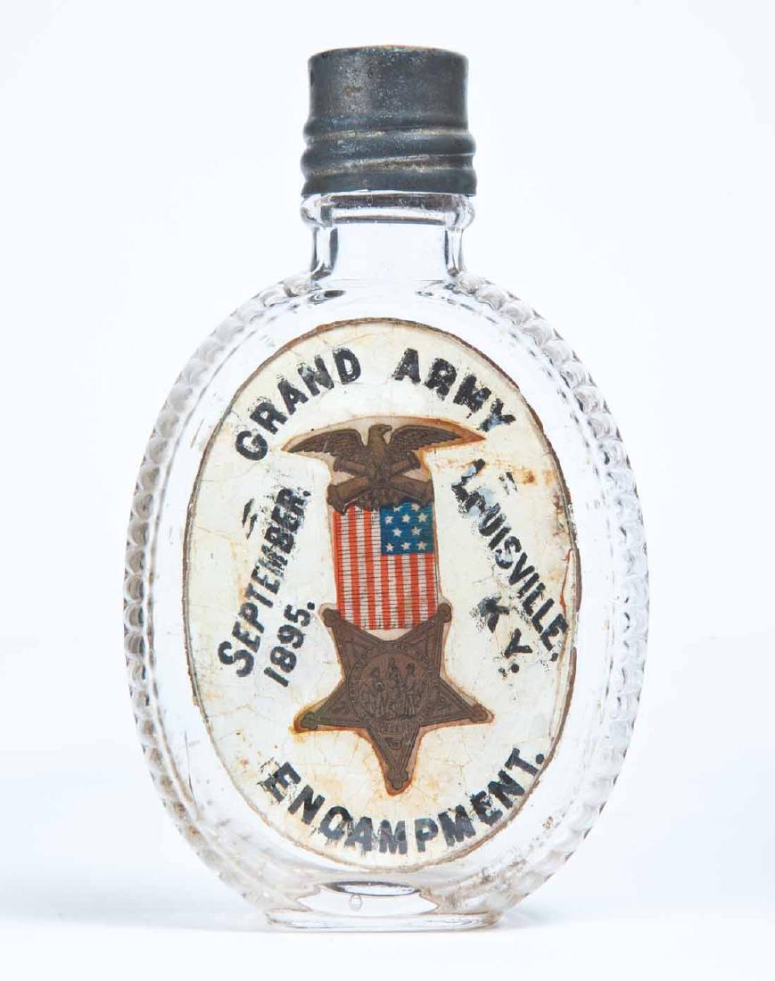 1895 GAR FLASK: Pressed-glass flask with ribbed sides and attached decorated panel for the 1895 GAR Encampment in Louisville, KY. Retains its tin cap. 5.25" high.