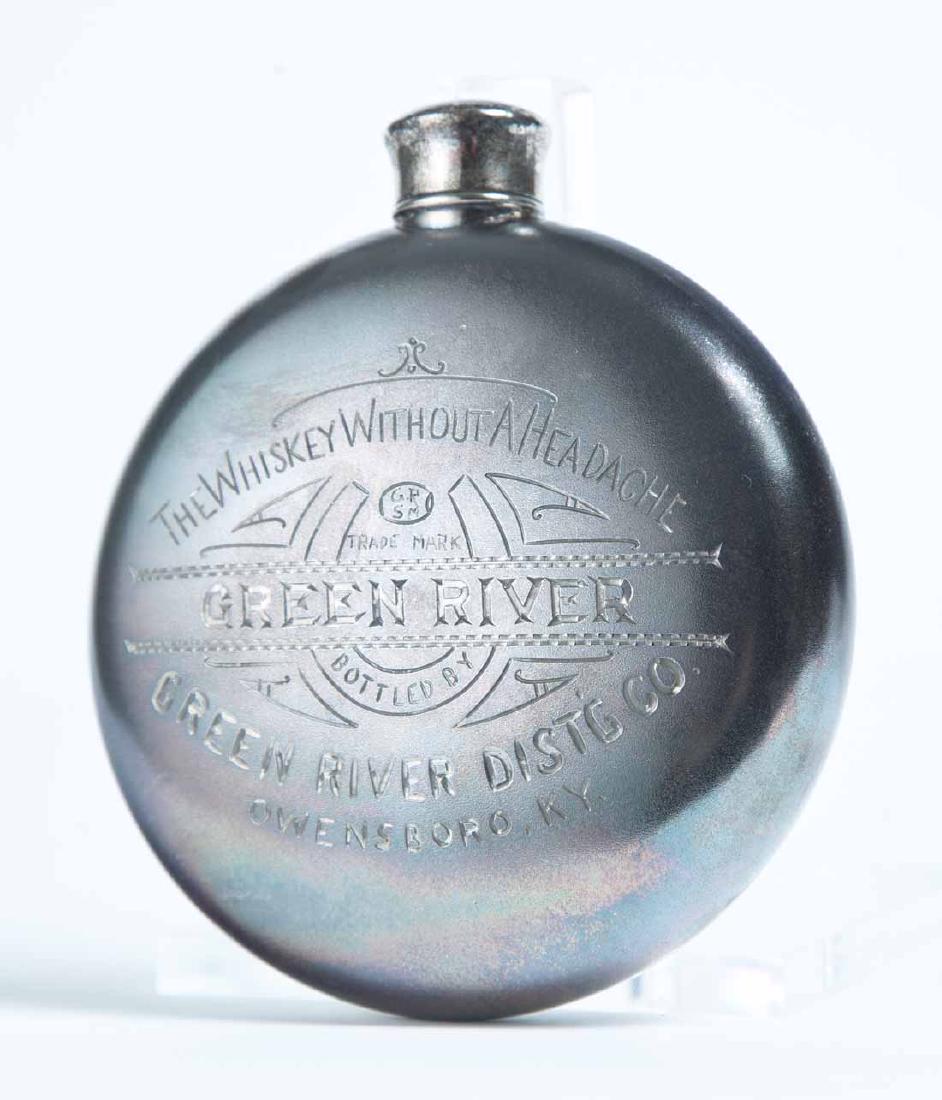 GREEN RIVER WHISKEY SILVER-PLATED FLASK: Late 19th century. Engraved "THE WHISKEY WITHOUT A HEADACHE GREEN RIVER BOTTLED BY GREEN RIVER DISTG CO OWENSBORO, KY." 5" high.