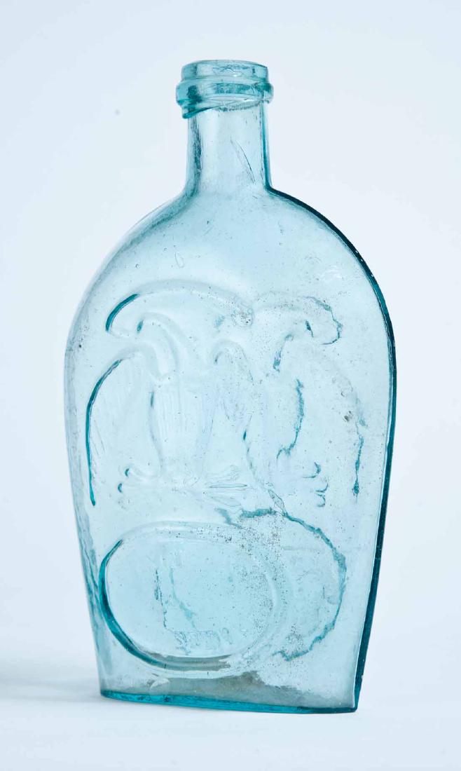 PITTSBURGH EAGLE FLASK: GII-110, Cunningham, Pittsburgh, mid-19th century, quart, aqua in color, double-sided eagle with "CUNNINGHAM & CO PITTSBURGH" on the obverse and "GLASS MANUFACTURERS" on the reverse. Applied ring at t