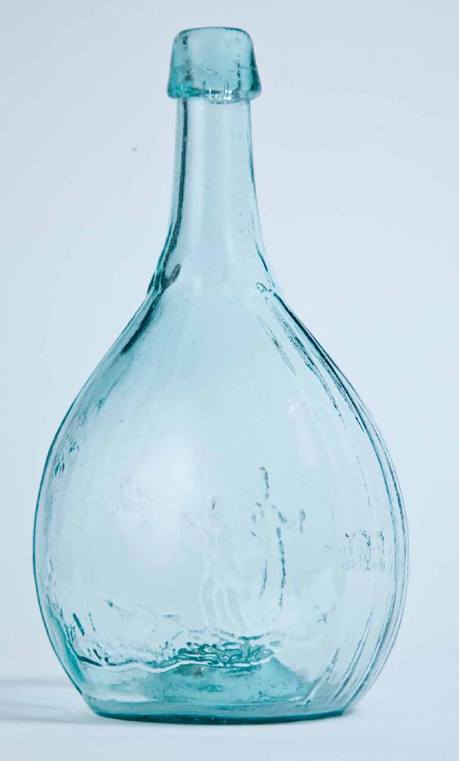 HUNTER & FISHERMAN CALABASH FLASK: GXIII-4, attributed to Whitney Glass Works, Glassboro, NJ, mid-19th century, aqua in color, with a hunter shooting left on the obverse and a fisherman on the reverse, and a pontil mark. 9.25" high.