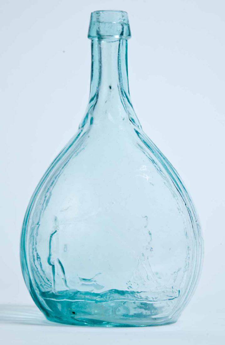 HUNTER & FISHERMAN CALABASH FLASK: GXIII-5, American, mid-19th century, quart, aqua in color, with a hunter shooting right on the obverse and a fisherman on the reverse, and a pontil mark. 9" high.