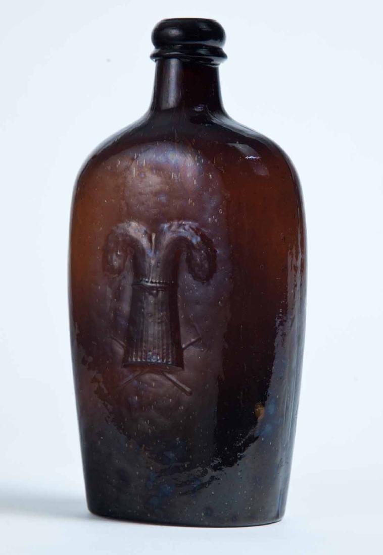 CONNECTICUT SHEAF OF WHEAT FLASK: GXIII-35, Westford Glass Co., Westford, CT, mid-19th century, pint, red-amber in color, with a sheaf of wheat on the obverse, and "WESTFORD GLASS CO. WESTFORD CONN" on the reverse, shaped lip, and pla