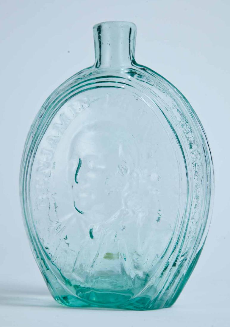 FRANKLIN-DYOTT FLASK: GI-96, Kensington Glass Works, Philadelphia, mid-19th century, quart, aqua in color, with portrait, "BENJAMIN FRANKLIN" and "ERIPUIT COELO FULMEN. SCEPTRUM QUE TYRANNIS" on the obverse, and portrait, 
