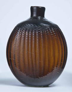 PITKIN-TYPE FLASK: American, early 19th century, pint, amber in color, with 36-rib broken swirl, plain lip, and pontil mark. 5.5" high.