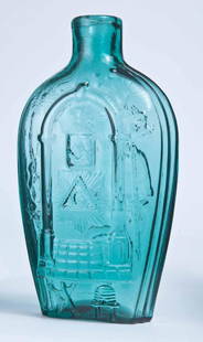 MASONIC EAGLE JUSTUS PERRY FLASK: GIV-1a, Keene-Marlboro-Street Glass Works, Keene, NH, mid-19th century, pint, deep aqua in color, with Masonic decoration on the obverse and an eagle over "IP" (not conjoined) on the reverse, with a p