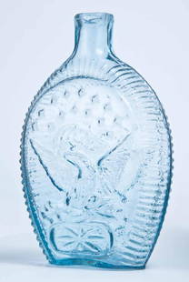 DOUBLE EAGLE FLASK: GII-24, Midwestern, possibly Louisville Glass Works, Louisville, KY, mid-19th century, pint, sapphire blue in color, with eagle holding a "U" banner on both sides, a plain lip, and pontil mark. 6.5" h