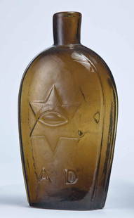 MASONIC FLASK WITH STARS: GIV-43, possibly Stoddard, NH, mid-19th century, pint, amber in color, with eye, Star of David, and "AD" on the obverse and star, arm, and "GRJA" on the reverse, plain lip and pontil mark. 7.25" high.