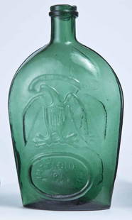 PITTSBURGH DOUBLE EAGLE FLASK: GII-103, Pittsburgh, PA, mid-19th century, quart, olive-green in color, with eagle over "PITTSBURGH PA" on both sides, ringed lip, and plain bottom. 8.75" high.