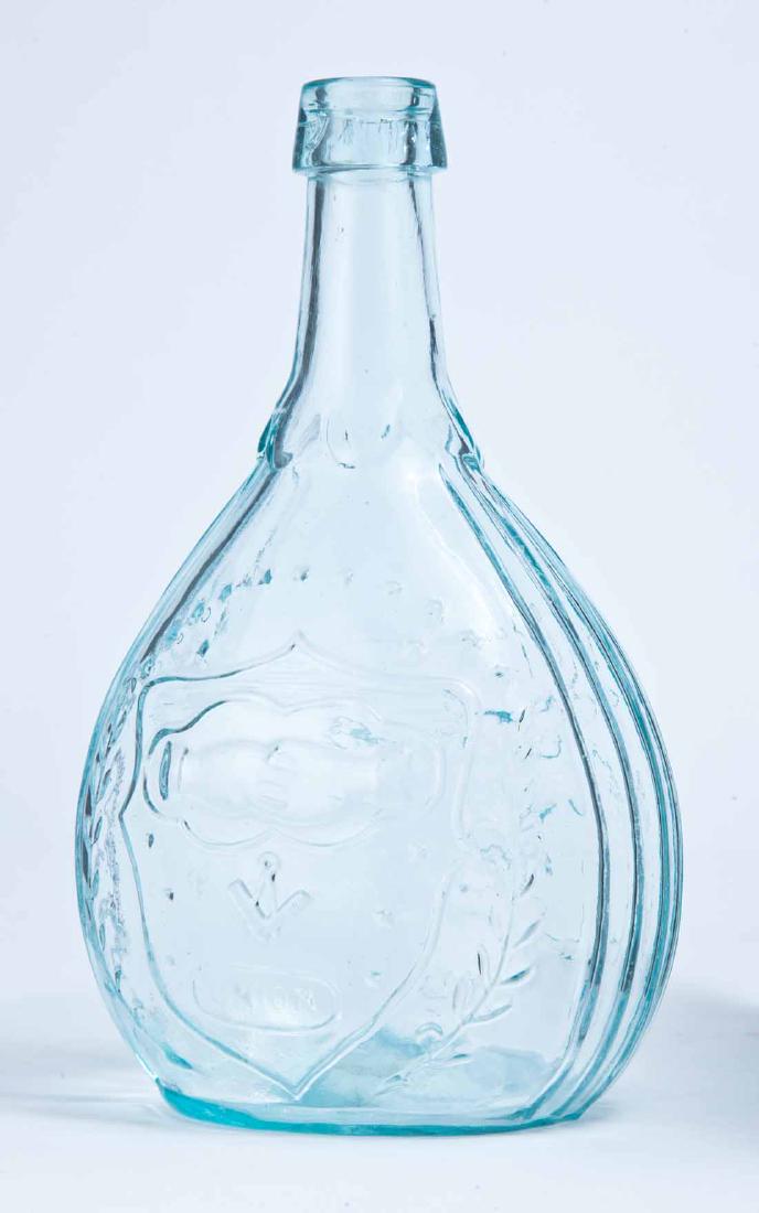 EAGLE & CLASPED HANDS CALABASH FLASK: GIV-42, A.R. Samuels, Philadelphia, mid-19th century, quart, aqua in color, with a shield and clasped hands on the obverse and an eagle and "ARS" below on the reverse, tapered lip and plain bottom. 8.