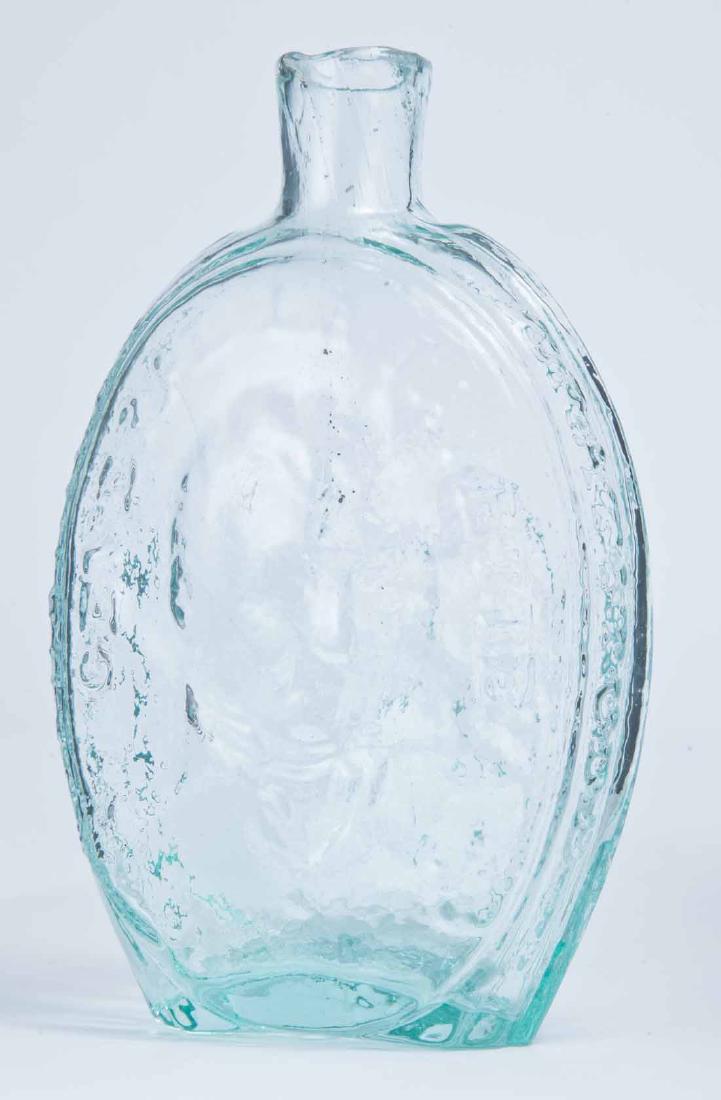 LAFAYETTE & EAGLE FLASK: GI-90, Kensington Glass Works, Philadelphia, mid-19th century, pint, aqua in color, with portrait "GENERAL LAFAYETTE" and "REPUBLICAN GRATITUTDE" on the obverse and an eagle, "T.W.D." and "KENSINGTON 