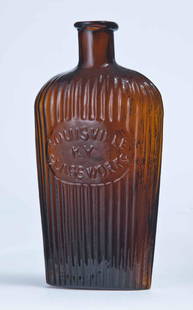 LOUISVILLE EAGLE FLASK: GII-33, Louisville Glass Works, Louisville, KY, mid-19th century, half pint, amber in color, with a ribbed body, an eagle on the obverse, and "LOUISVILLE KY GLASS WORKS" on the reverse, rolled lip and