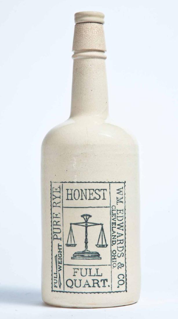 CLEVELAND, OHIO ADVERTISING STONEWARE LIQUOR BOTTLE: Sherwood Bros, New Brighton, PA, 1 quart, with stamped advertisement "HONEST FULL QUART FULL WEIGHT PURE RYE WM. EDWARDS & CO. CLEVELAND, OHIO." 11.25" high.