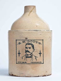 PADUCAH, KENTUCKY ADVERTISING STONEWARE LIQUOR JUG: 1-gallon with stamped advertisement "S.B. GOTT'S 117TH N. 4th St. PADUCAH, KY." 11" high.