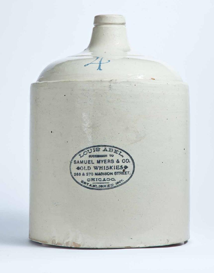CHICAGO, ILLINOIS ADVERTISING STONEWARE WHISKEY JUG: 4-gallon jug with stamped capacity mark and advertisement "LOUIS ABEL, SUCCESSOR TO SAMUEL MYERS & CO. OLD WHISKIES 268 & 270 MADISON STREET, CHICAGO ESTABLISHED 1847." 15.5" high.