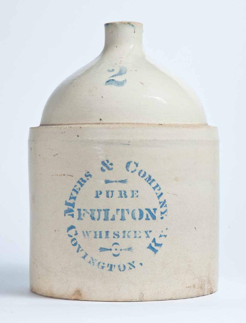COVINGTON, KENTUCKY ADVERTISING STONEWARE WHISKEY JUG: 2-gallon jug with stenciled capacity mark and advertisement "MYERS & COMPANY, PURE FULTON WHISKEY COVINGTON, KY." 12.75" high.