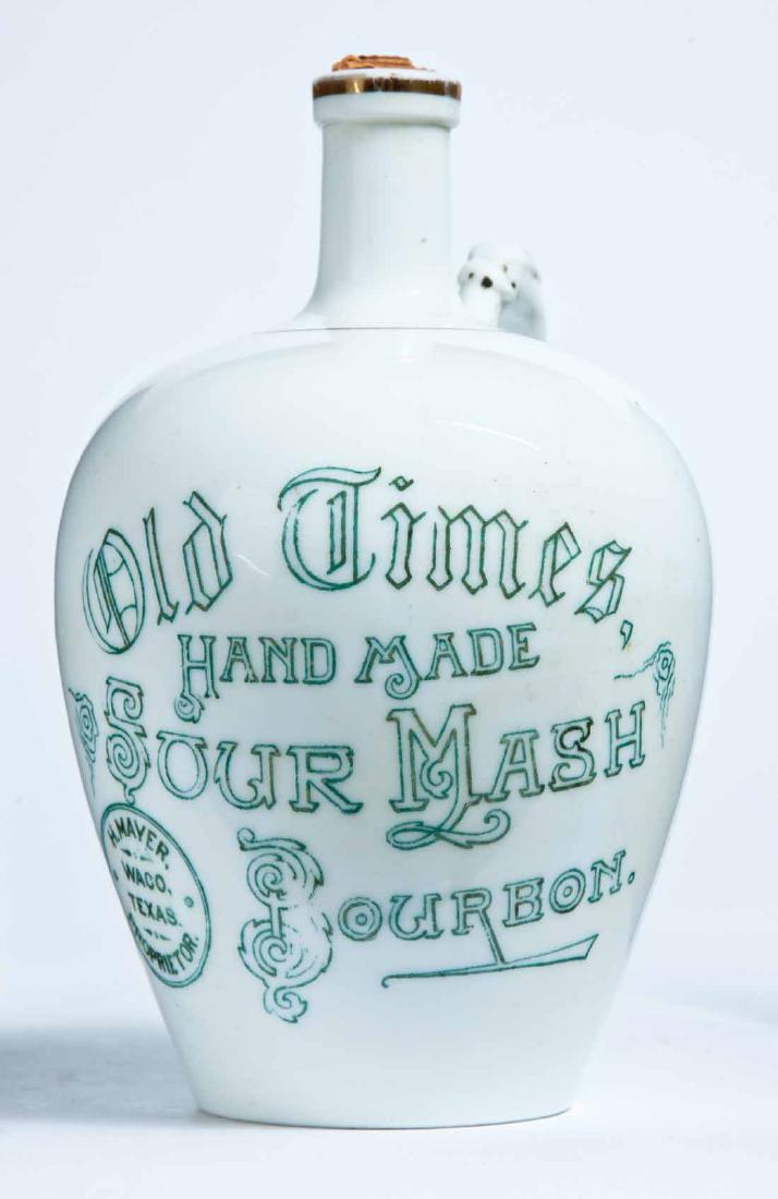 WACO, TEXAS ADVERTISING PORCELAIN BOURBON JUG: Knowles, Taylor, and Knowles, East Liverpool, small size, with stamped advertisement "Old Times, HAND MADE SOUR MASH BOURBON H. MAYER, WACO, TEXAS. PROPRIETOR." 7.5" high.