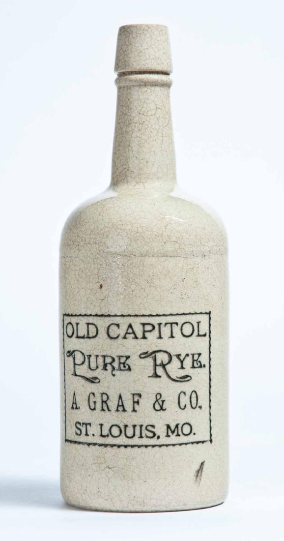 ST LOUIS, MISSOURI ADVERTISING STONEWARE RYE BOTTLE: Sherwood Bros, New Brighton, PA, 1-quart bottle with stamped advertisement "OLD CAPITOL PURE RYE A. GRAF & CO. ST. LOUIS, MO." 10.5" high.