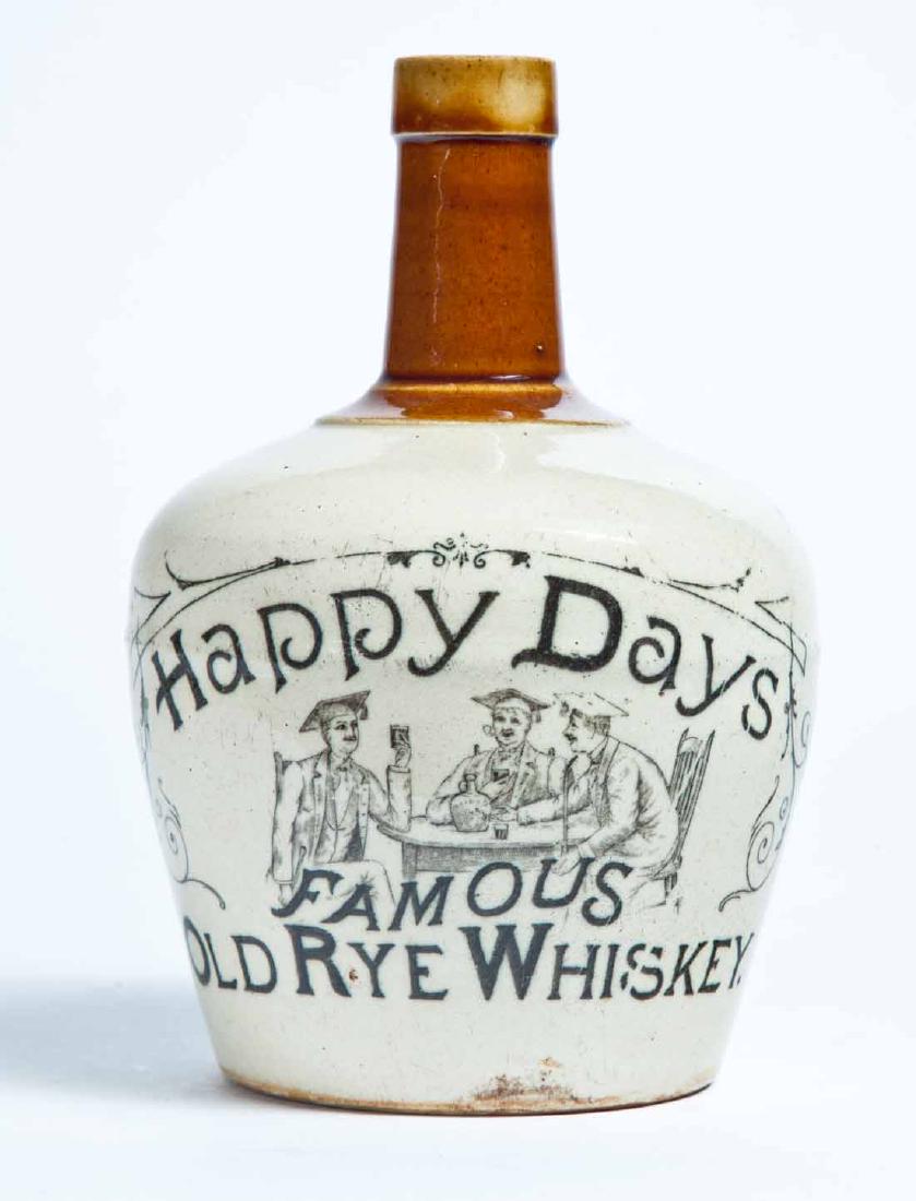 ADVERTISING STONEWARE WHISKEY JUG: Small size jug with bicolor glaze and stamped advertisement "Happy Days FAMOUS OLD RYE WHISKEY" and with three academics at a table at center. 7.5" high.