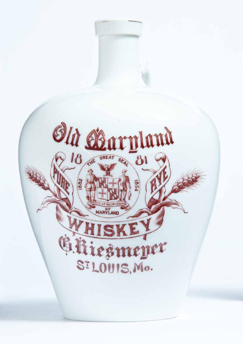 ST LOUIS, MISSOURI, ADVERTISING PORCELAIN WHISKEY JUG: Knowles, Taylor, and Knowles, East Liverpool, small size with printed advertisement "Old Maryland WHISKEY G. Riesmeyer St. LOUIS, Mo." 7.5" high.