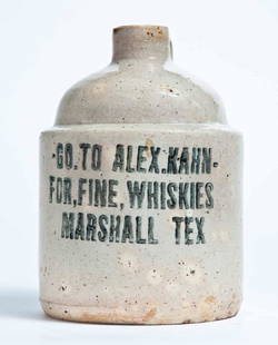 MARSHALL, TEXAS ADVERTISING STONEWARE WHISKEY JUG: Small size jug with stamped advertisement "GO. TO ALEX. KAHN-FOR, FINE, WHISKIES MARSHALL TEX." 6.75" high.