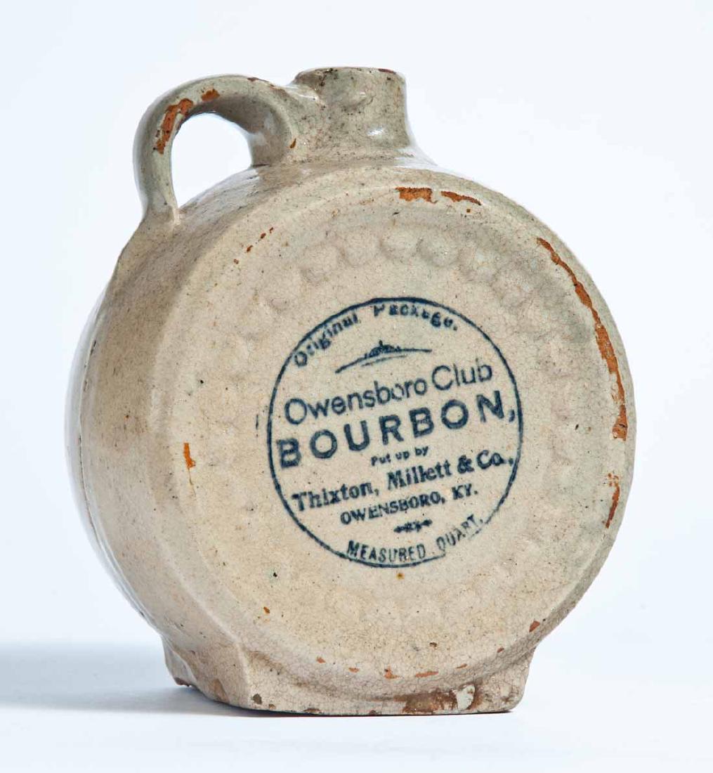 OWENSBORO, KENTUCKY ADVERTISING STONEWARE LIQUOR JUG: 1-quart molded jug with stamped advertisement " Original package. Owensboro Club BOURBON, Put up by Thixton, Millett & Co., OWENSBORO, KY MEASURED QUART." 6.75" high.