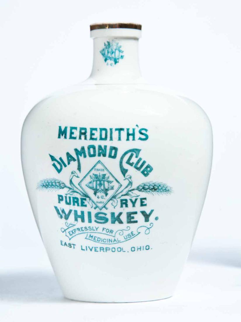 EAST LIVERPOOL, OHIO ADVERTISING PORCELAIN WHISKEY JUG: Knowles, Taylor, and Knowles, East Liverpool, small jug with stamped advertisement "MEREDITH'S DIAMOND CLUB PURE RYE WHISKEY. EXPRESSLY FOR MEDICINAL USE. EAST LIVERPOOL, OHIO." 5.75" high.
