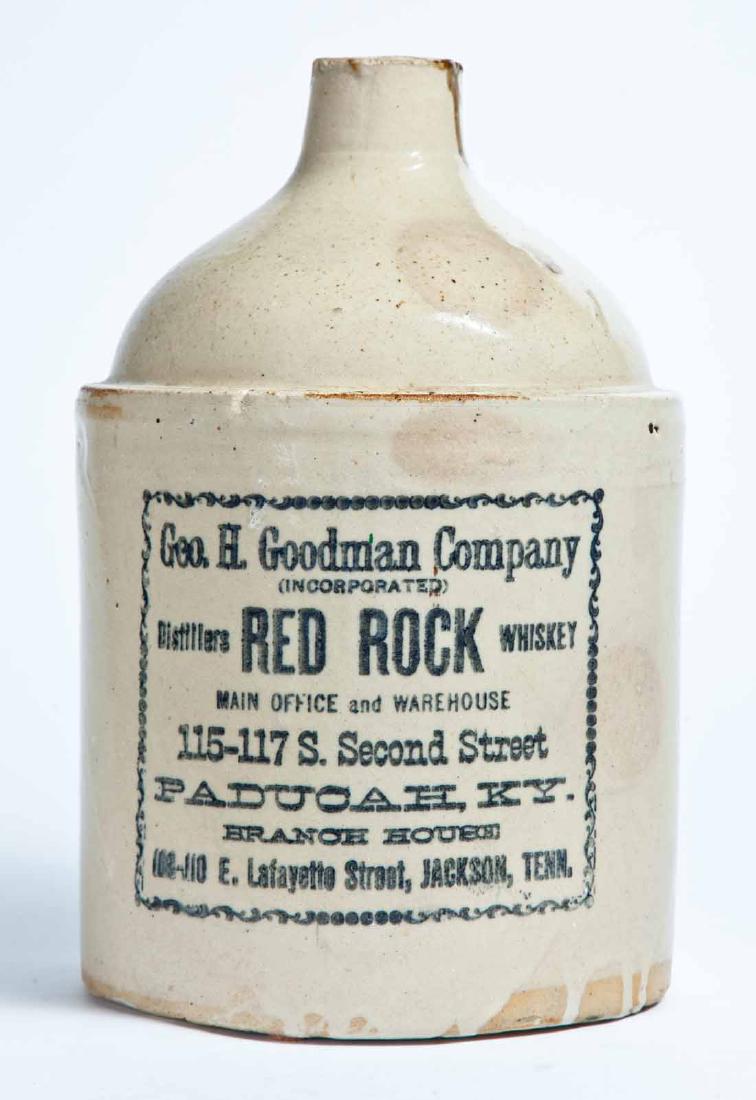 KENTUCKY AND TENNESSEE ADVERTISING STONEWARE WHISKEY: 1-gallon jug with stamped advertisement "Geo. H. Goodman Company (INCORPORATED) Distillers RED ROCK WHISKEY MAIN OFFICE and WAREHOUSE 115-117 S. Second Street PADUCAH, KY. BRANCH HOUSE 108-110 E. Lafa