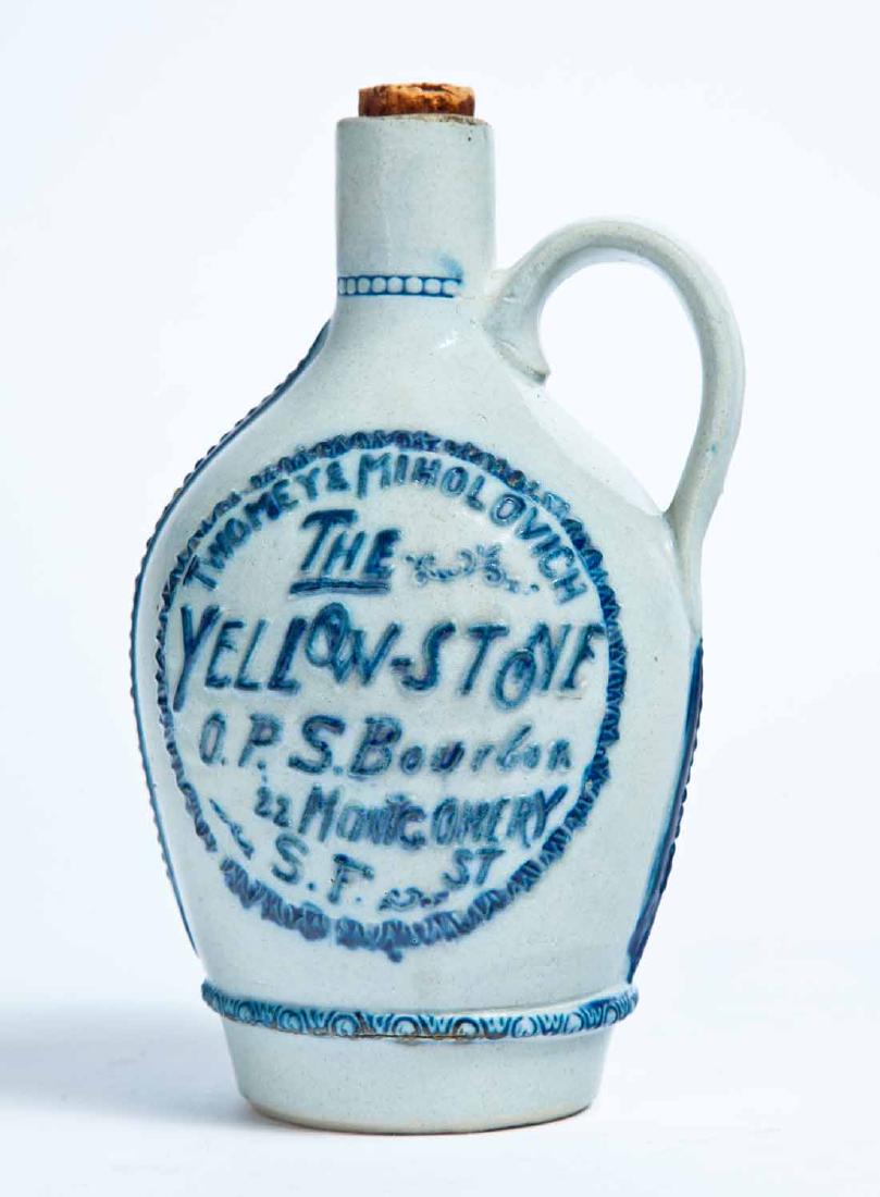SAN FRANCISCO, CALIFORNIA ADVERTISING STONEWARE WHISKEY: White's, Utica, small size with molded and cobalt-highlighed decoration and advertisement "TWOMEY & MIHOLOVICH THE YELLOWSTONE O.P.S. BOURBON 22 MONTGOMERY ST. S.F." 6.5" high.