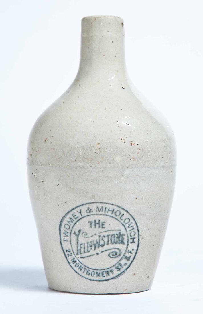 SAN FRANCISCO, CALIFORNIA ADVERTISING STONEWARE WHISKEY: Small size with stamped advertisement "TWOMEY & MIHOLOVICH THE YELLOWSTONE O.P.S. BOURBON 22 MONTGOMERY ST. S.F." 6.5" high.