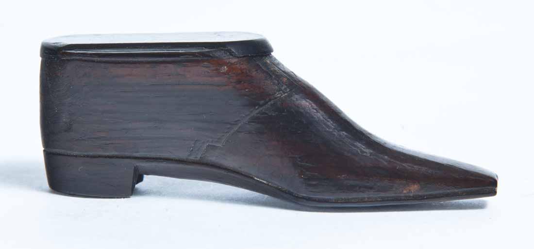 WOOD SHOE SNUFF BOX: Heeled shoe with a slide lid. 1"l. 3.5"w. 1"d.