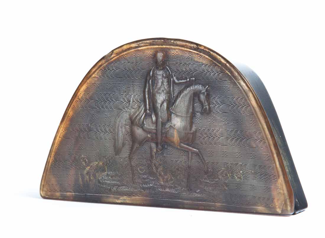 UNUSUAL SHAPE HORN SNUFF BOX: Chappeau-form with embossed scene of figure on a horse, possibly Napoleon, on the hinged lid. 1"h. 3"w. 2"d.
