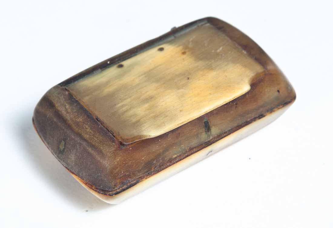 CARVED HORN SNUFF BOX: Oval with flattened sides, hinged inset lid and nailed construction. .75"h. 2.5"w. 1.5"d.
