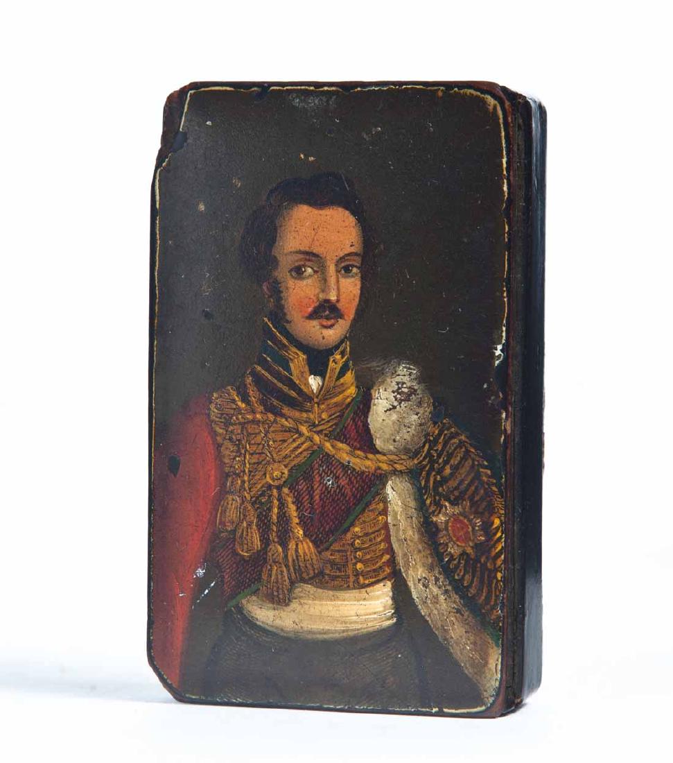 PORTRAIT LACQUERWARE SNUFF BOX: Rectangular with an image on the lid of a gentleman in full miliary dress. .75"h. 3.5"w. 2"d.
