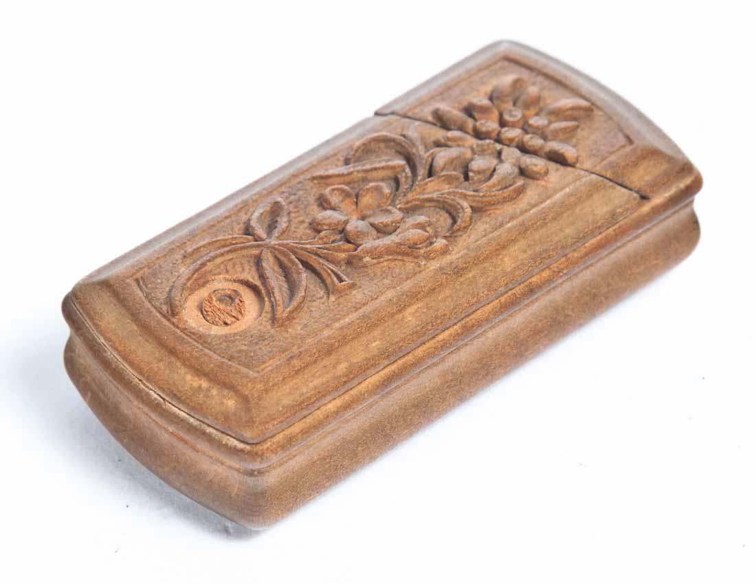 CARVED MATCH SAFE: Victorian rectangular wooden box with floral swivel lid. .5"h. 2.5"w. 1.25"d.