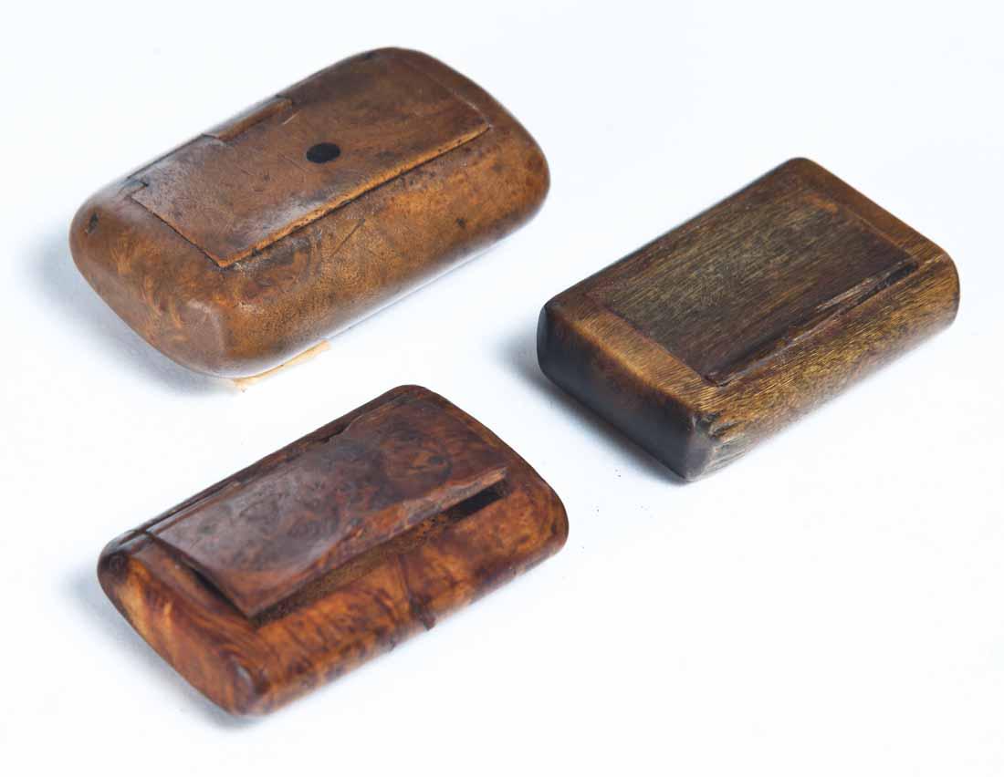 THREE MINIATURE SNUFF BOXES: All wood with inset hinged lids; two burl. 1.75"w - 1.75"w.