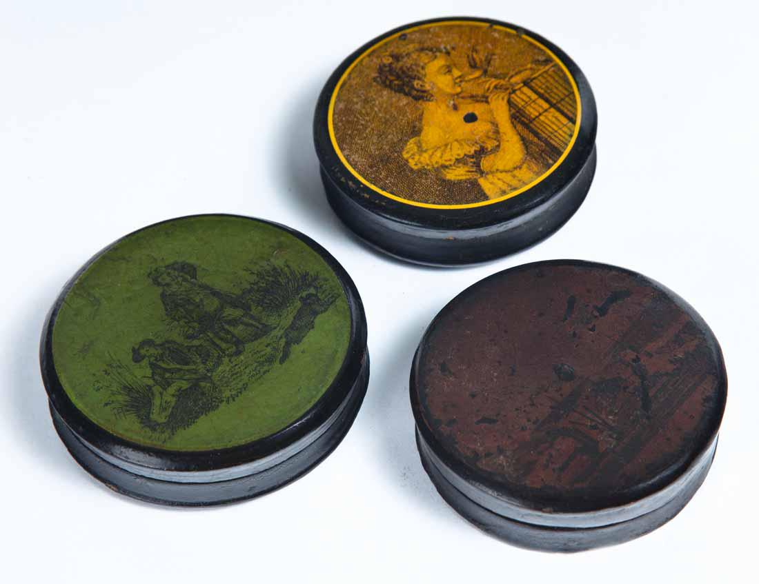THREE LACQUERWARE SNUFF BOXES: All round with decorated lids including woman and hunting scene. 2.75"dia. 2.75"dia.