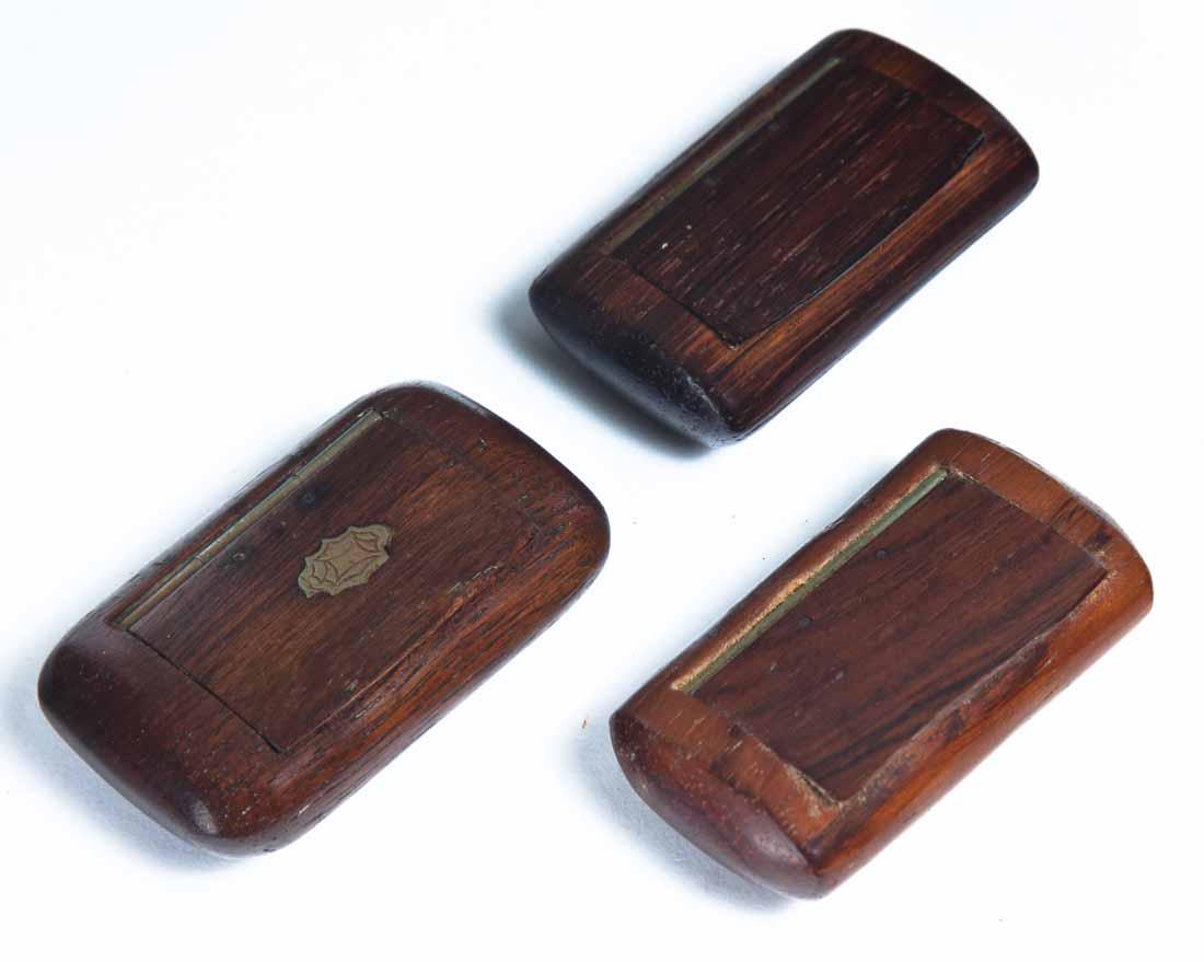 THREE WOOD SNUFF BOXES: All cylindrical with inset hinged lids. One with decorative metal accent inlaid in lid. 2.5"w. 2.5"w.