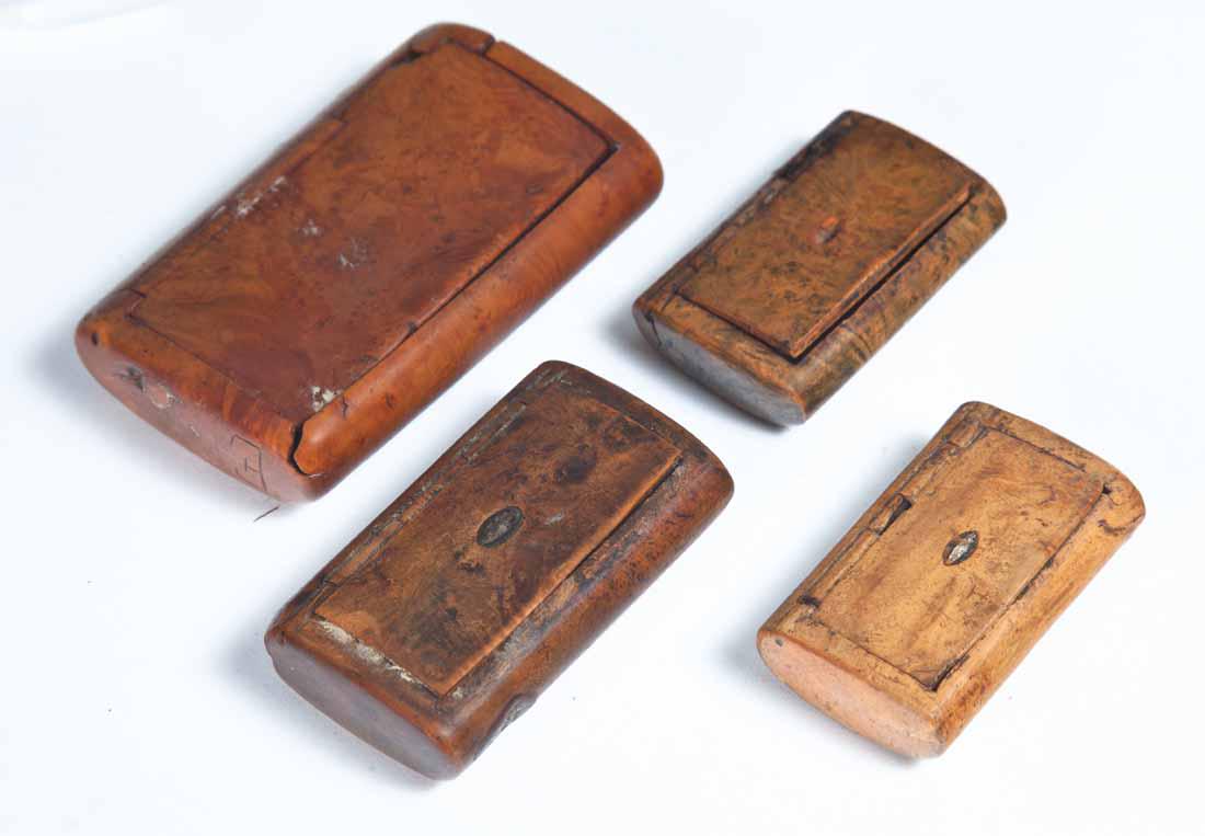FOUR BURL SNUFF BOXES: All rectangular with inset hinged lids. 2.5"w - 3.75"w.