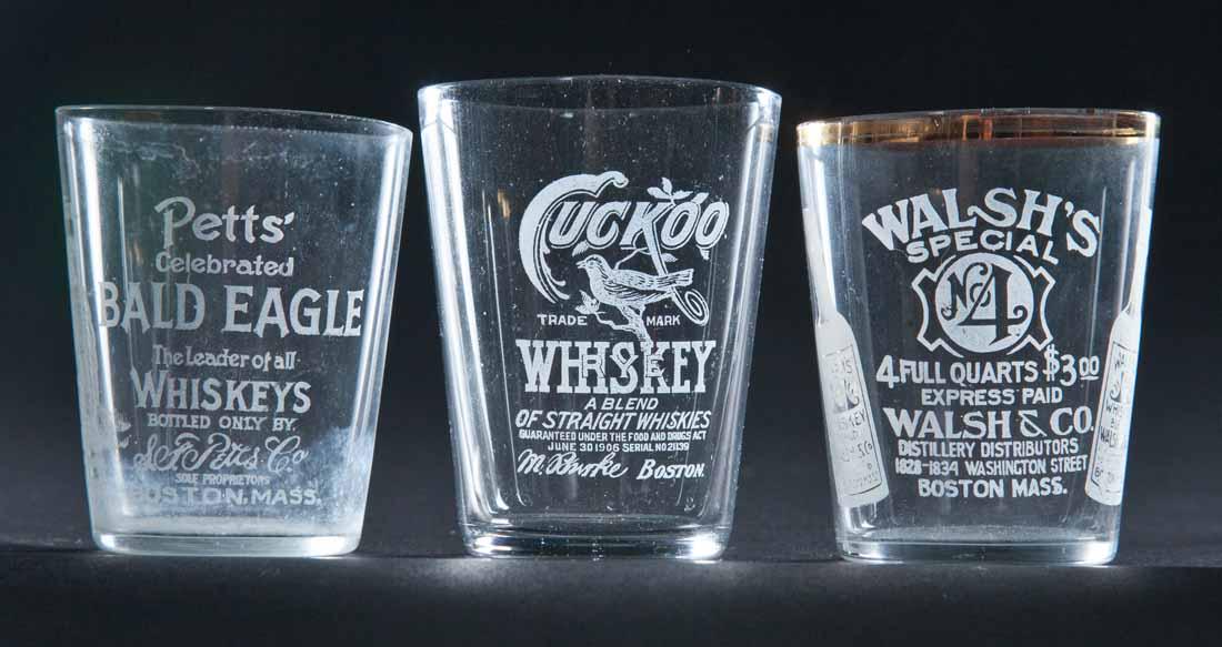 3 PRE-PROHIBITION BOSTON, MASSACHUSETTS SHOT GLASSES: Pett's Celebrated Bald Eagle Whiskey, Walsh's Special, and Cuckoo Whiskey. 2.5", 2.5", and 2.75" high.