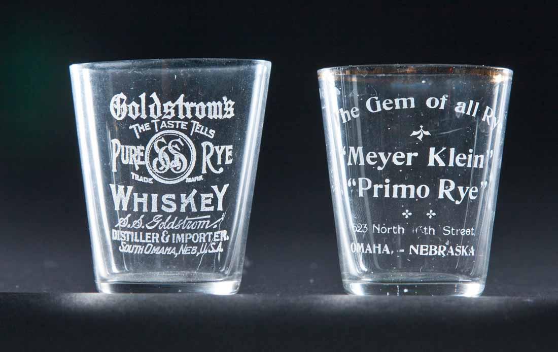 2 PRE-PROHIBITION OMAHA, NEBRASKA SHOT GLASSES: Meyer Klein Primo Rye and Goldstrom's Pure Rye Whiskey. 2.25" high.