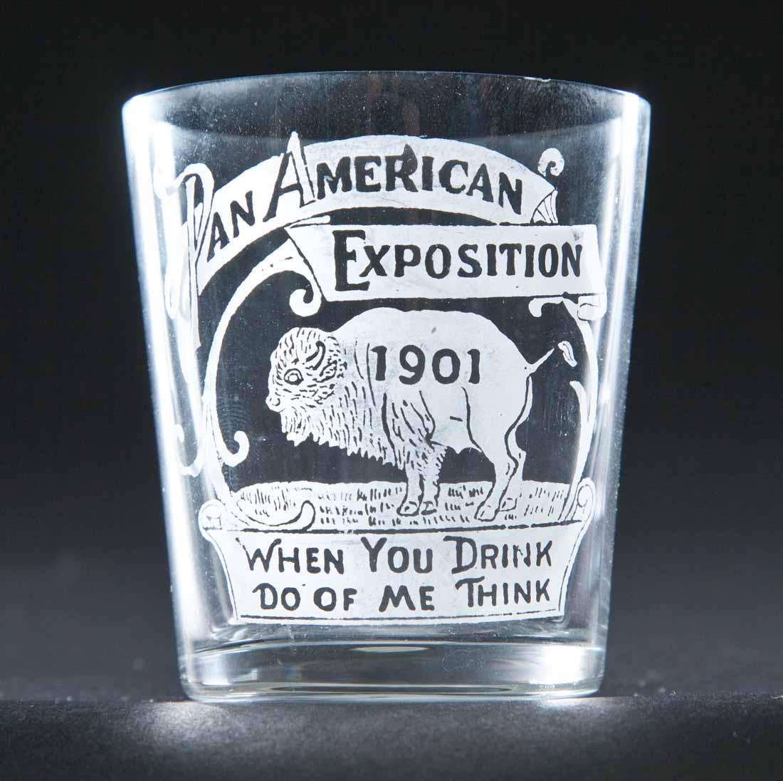 PRE-PROHIBITION PAN AM EXPOSITION SHOT GLASS: For the 1901 Pan American Exposition, with a bison (buffalo). 2.5" high.