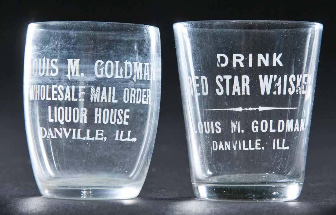 2 PRE-PROHIBITION DANVILLE, ILLINOIS SHOT GLASSES: Both for Louis M. Goldman. 2.25" high.